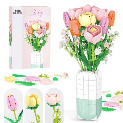 Bild av Euakee blommor byggstenar byggsats, byggleksaksset med vas, gör det själv växt bukett dekoration, idé presenter till alla hjärtans dag födelsedagar mors (rosa snöberg)