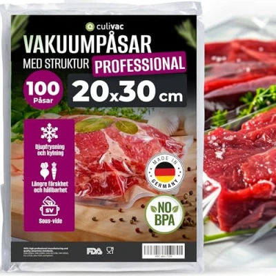 Bild av culivac vakuumpåsar 100 20x30cm Premium, filmpåsar för varje filmförseglare, vakuumförseglare, vakuumfilm Professional sous vide, Tillverkad i Tyskland, BPA fri