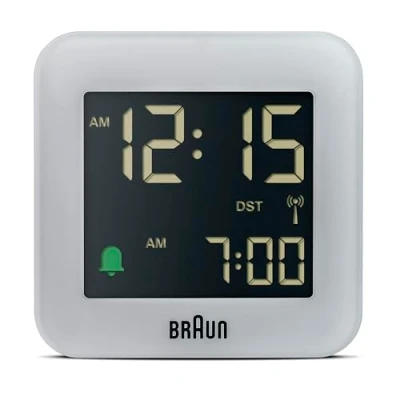 Bild av Braun Digital Radio Controlled Travel Alarm Clock For Central European Time Zone (DCF) with Snooze, Compact Size, Negative LCD Display, Quick Set, Crescendo Beep in Grey, model BC08G DCF.