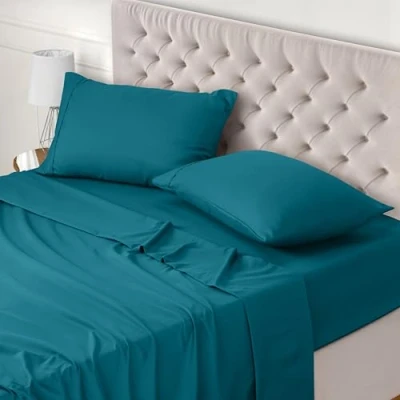 Bild av Utopia Bedding 4 Delat Sänglakanset 150x200 Enkel Skötsel Mjukt Borstat Mikrofibertyg Platt Lakan, Dra på lakan Med 2 Örngott 50x75, Denim Blå