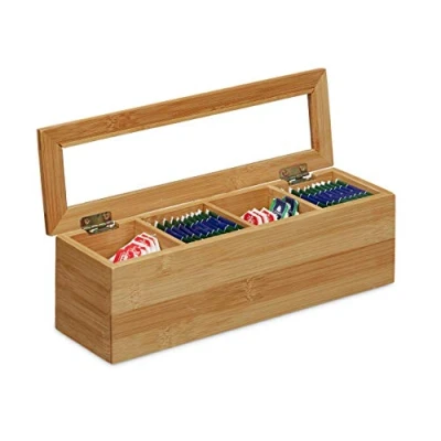 Bild av Relaxdays Bambu tebox 4 fack, smal, visningsfönster av plast, H x B D: 9 30 cm, liten, långsträckt, natur