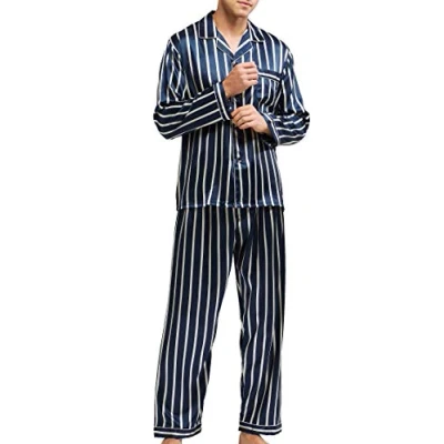 Bild av Sovkläder satin pyjamas set nattkläder myskläder, Blå och beige randig, XXL