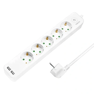 Bild av LogiLink LPS249U grenuttag 5 vägs (5 x CEE 7/3) 2 USB A med på/av strömbrytare och IP20 skydd, kabellängd = 1,5 m, vit + fack
