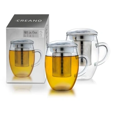 Bild av Creano Teglas All in one 400 ml set om 2, stor tekopp med sil av rostfritt stål och lock glas, tebryggare i attraktiv presentförpackning (2 x ml)
