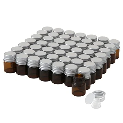 Bild av Cadbibe 5 ml bärnstensglasflaskor med skruvlock och plastproppar, små bruna vätskeprovsflaskor, läckagesäker flaska, 50 st