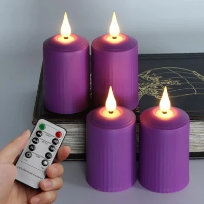 Bild av FREEPOWER 4 lila LED ljus, flimmer med fjärrkontroll, timer, utomhus, batteridriven, flamlösa blockljus, advensljus, varmvit, adventskrans, dekoration, 350 timmar, Ø 5 x 10,5 cm