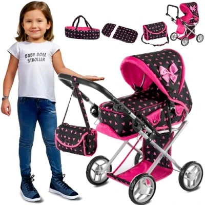 Bild av Kinderplay dockvagn från 1 2 3 år barnvagnsleksak i 1, med avtagbar bärväska och axelväska, justerbar höjd 36,5 cm till 64 cm, KP0200R