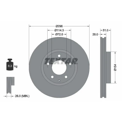 Bild av TEXTAR 92148100 Disque de frein 296 28 05/06 114,3 ventilé l&#039;intérieur sans boulon fix roue, moyeu roue MAZDA: MPV 2