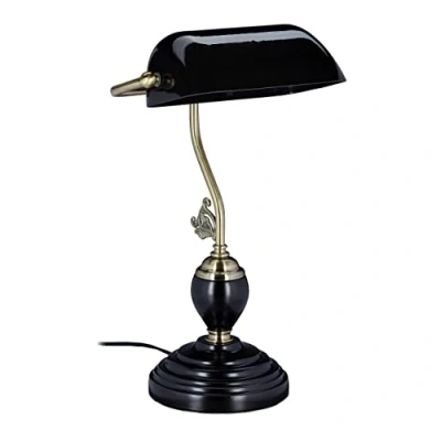 Bild av Relaxdays bankirlampa, lutande glasskärm, träfot, E27 fattning, skrivbord retro, bibliotek, svart, 44 x 26 19 cm