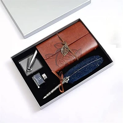 Bild av 2ST Fjäderpenna bläckset, Quill Feather Pen, Handgjord Pen Set Writing Ink Dip Penna for att skriva kalligrafi(Blue)