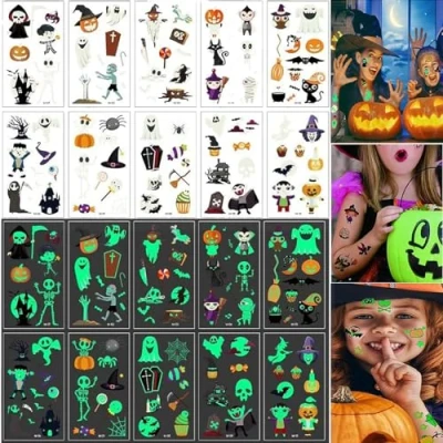 Bild av halloween tillfälliga tatueringar, 10 ark tatueringar för barn, barntatueringsset i mörker klistermärken festdekoration tillbehör