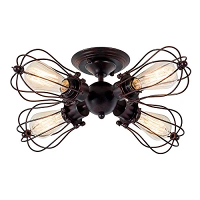 Bild av Luling vintage taklampa industriell, ljuskronor E27 uttag metall tråd bur lampa halvspolad montering rustik lamparmaturer (ingen glödlampa) (med 4 ljus) (rost)