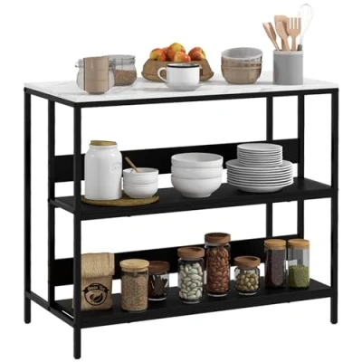 Bild av HOMCOM Köksö dessert, köksmöbler för köket, marmorplatta, stålstruktur, 2 hyllor, förvaringsmöbler vardagsrum, modern stil, 100 x 50 90 cm, svart