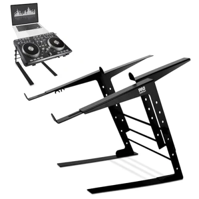 Bild av Pyle bärbart dubbelt laptopstativ universellt stående bord med justerbar höjd, ergonomisk design och halkfria spetsar för DJ mixer, ljudutrustning, arbetsstation, spel hemmabruk PLPTS38, svart