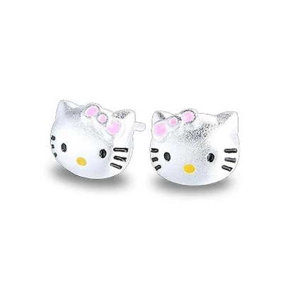 Bild av Kaguyo Silver örhängen för kvinnor, 925 Sterling Hello Kitty örhängen, zirconia söta katt kvinnor Flickor barn, födelsedagspresent (Kitty C)