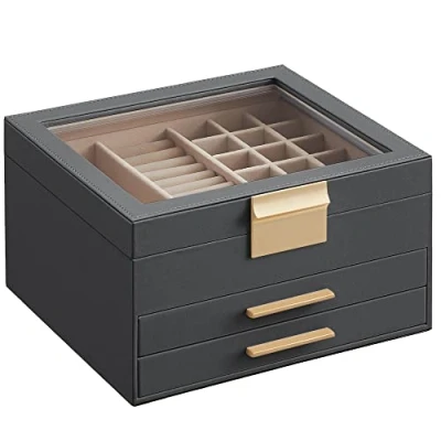Bild av Songmics Smyckeskrin, smyckeskrin i 3 nivåer, med glaslock, 2 lådor, smyckesförvaring, förvaringsutrymme, modern, presentidé, 20,3 x 23,1 13,5 cm, interstellär grå guld JBC239G02