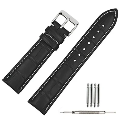 Bild av TStrap Militärt klockarmband i läder, mjukt, svart, brunt, alligator, för män och kvinnor, spänne smartklocka, 14,16, 18, 19, 20, 21, 22 samt 24 mm, Svart/vit söm, 19mm