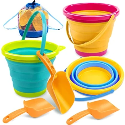 Bild av JOYIN 3 pack vikbar hink med spade (bonus nätväska), multifunktionell för strand, strandutrustning, sandlåda, leksak
