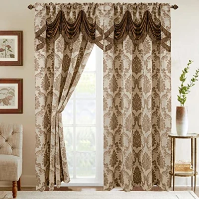 Bild av Elegant bekväm jacquard look gardin panel set med bifogad vattenfallskrans, (set 2), 137 x 213 cm, beige/brun