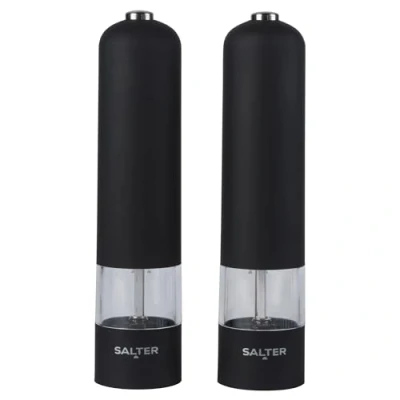 Bild av Salter 7524 BKXRUP elektrisk saltkvarn/pepparkvarn set enhandsdrift, keramisk mekanism, justerbar malm, fin till grov, BPA fri, upplyst bas, 60 g salt/30 peppar, mattsvart