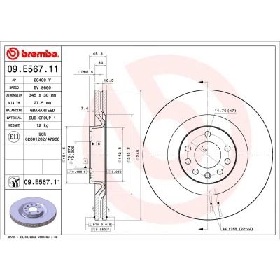 Bild av BREMBO 09.E567.11 Disque de frein 345 30 7 ventilé l&#039;intérieur revêtu SAAB: 9 3 Berline, Break, Cabriolet, OPEL: Vectra C CC, Signum CC