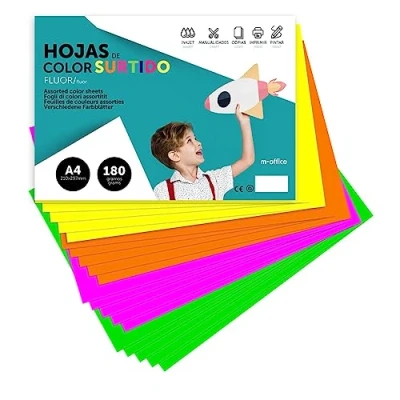Bild av Färgkartong, A4 Kartong Blandade färger Fluor, 180gr färgade folios för Hantverk, Skriv ut kreativa dokument och mönster, · m office (x500 Fluor sortiment)