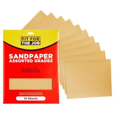 Bild av Fit For The Job 10 stora ark i A4 storlek Sorterat sandpapper för slipning av trä, möbler, metall, gips hemförbättring. 3 tunna, 4 medelstora, tjocka 11 x 9 tum