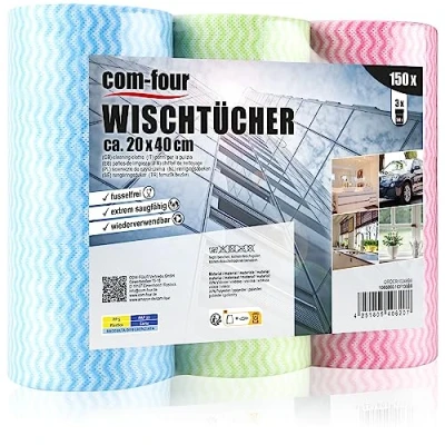 Bild av COM FOUR® 3x 50 Rengöringsdukar på rulle för kök, badrum och hushåll Multifunktionella trasor i olika färger [urval varierar] (0150 ark 20x40 3 färger)