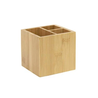 Bild av OSCO Bambu fyrkantig pennkruka med 3 fack Pennhållare i trä för skrivbord snyggt Kontorsarrangör Sminkförvaring Sminkdisplay H 10 x B 10,5 D cm