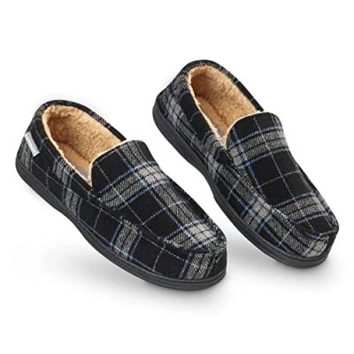 Bild av Dunlop Mockasins tofflor män Moccasin loafers faux fårskinns med gummisula Classic Memory Foam Plush House Andningsbara utomhusskor inomhus, 9 Storbritannien, Svartgrå
