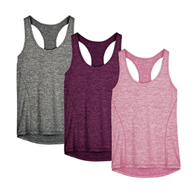 Bild av icyzone Dam sporttopp yoga linne brottarrygg topp löpning fitness funktionell skjorta, 3 pack, Kol/röd buud/rosa, XL
