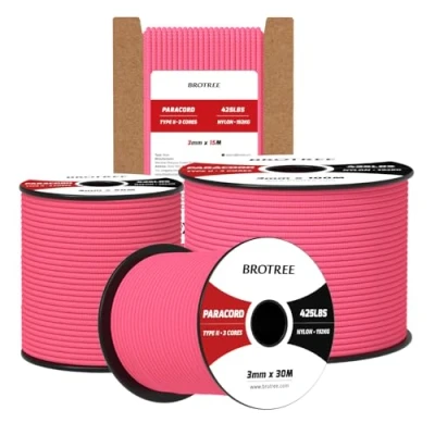 Bild av Brotree 3mm Paracord 425 100M 100% Nylonrep 3 Trådar Sladd Typ II för Utomhus, Hundkoppel, DIY, Hantverk 192kg Brottlast (Neonrosa)