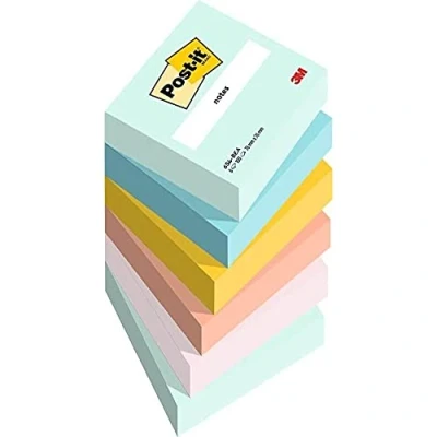 Bild av Post it Notes Strandfärgsamling, paket med 6 dynor, 100 ark per dyna, 76 mm x mm, grön, gul, orange, blå, rosa självklistrande anteckningar för anteckningar, att göra listor och påminnelser