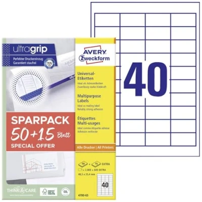 Bild av AVERY Zweckform 478065 universella etiketter (2 000 plus 600 självhäftande extra, 48,5 x 25,4 mm på A4, matt papper, individuellt tryckbara, klistermärken med ultragrip) 65