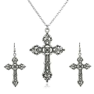 Bild av Dishowme kristallkorshalsband örhängen set 3 st Strass kors hänge halsband kristen be krucifix smycken för kvinnor flickor, Metall