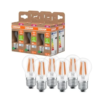 Bild av OSRAM LED lampa i klassisk minikulform, med dekorativ tråd, energieffektivitetsklass A, E27, 1,2 W, 255 lm, 4000 K, kallvit. Utan uppvärmning, 6 pack