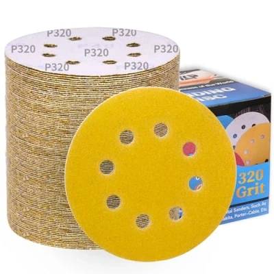 Bild av ALPXUXP slipskivor 125mm 320 korn 100 stycken orbikulär 8hål guldgult slippapper,för rund excenterslipmaskiner,slipning Trä 、metall rostborttagning