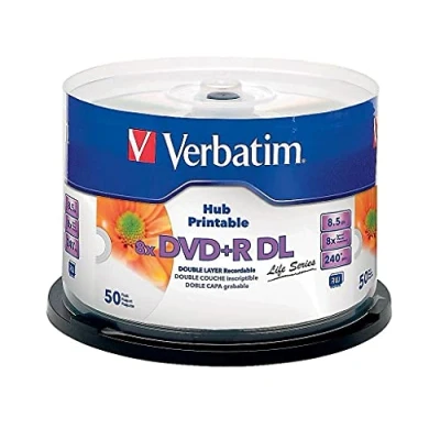 Bild av Verbatim DVD dubbelskikt DVD+R DL 8,5 GB/ 240 min. 8x, helt utskrivbar vit utan ID, 50 stycken i tårtlåda