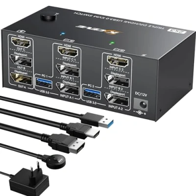 Bild av Trippelmonitorer KVM switch 2 displayport HDMI, 8K@60Hz omkopplare 4K@144 Hz, USB 3.0 PC 3 bildskärmar, 1.4 HDMI 2.1 för delar mus, tangentbord och