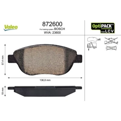 Bild av VALEO 872600 Jeu de plaquettes frein Essieu avant contact signal d&#039;usure exclu sans kit vis fixation, pour conditions d’usage difficiles