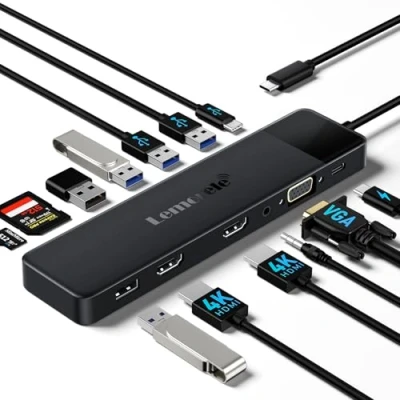 Bild av Lemorele 13 i 1 USB C dockningsstation dubbel skärm, Dock Hub multiport adapter trippel bildskärm till 2 HDMI 4K, VGA, 5 3.0/2.0, 3.0, PD, SD/TF, 3,5 mm för Lenovo, Surface,