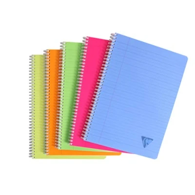 Bild av Clairefontaine Ref 328146C Linicolor trådbunden anteckningsbok (90 ark) A4 storlek, 90 gsm borstat velumpapper, polyprofodral, fodrad och marginalreglering blandade färger (paket med 5)