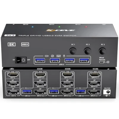Bild av KVM Switch 3 Skärmar Datorer 8K@60Hz 4K@144Hz, MLEEDA HDMI+2 Displayport Att Dela Bildskärmar och 4 USB 3.0 Enheter med 12V Ström, Trådbunden Fjärrkontroll Kablar
