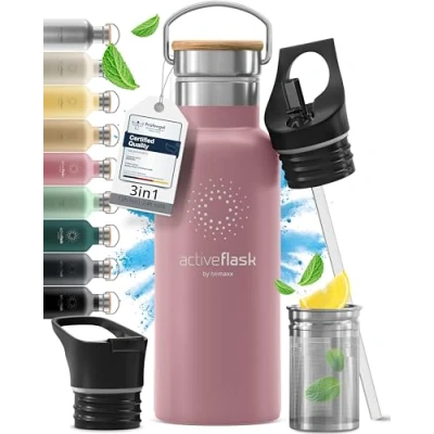 Bild av Vattenflaska i Rostfritt Stål, Isolerad ACTIVE FLASK + 3 Drycker Lock och Sugrör, Läckagesäker &amp; BPA fri Vakuumisolerade 12h Varm/24h Kall Termos Dricksflaska Thermoflaska Sport Camping Gym