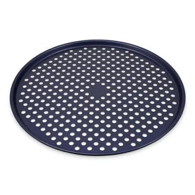 Bild av Zyliss Stor pizzabricka för ugn, dubbla lager non stick beläggning, perforerad bas 36 cm/14 tum, Pfann fritt hållbart kolstål, mörkblå, pizzapanna, diskmaskinssäker