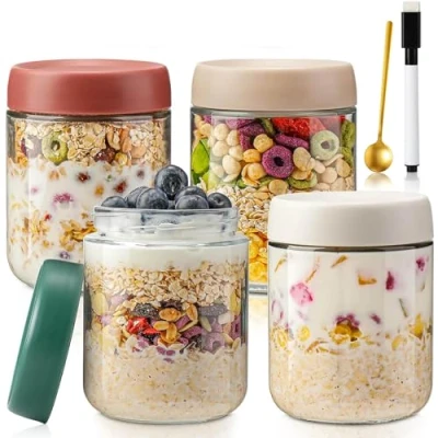 Bild av QIMYGIFT Overnight Oats burkar med lock, 500 ml konserveringsburkar skruvlock måleriförberedelse för hemlagad sylt, barnmat, insättning, konservering, masonburk, surdeg