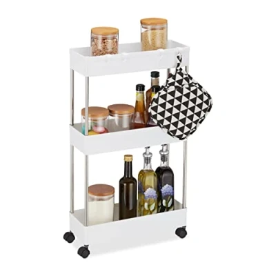 Bild av Relaxdays nischvagn, plast, HBT: 70 x 15,5 40,5 cm, smal nischhylla badrum &amp; kök, 4 krokar, 3 fack, vit