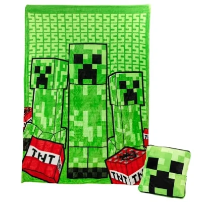 Bild av Paladone Minecraft Creeper 2 i 1 kuddfilt officiellt licensierad Microsoft resefilt, vikbar mjuk fluffig överkast, kompakt design för vardagsrum eller sovrumsdekor