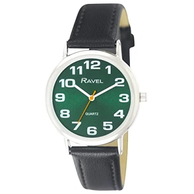 Bild av Ravel Unisex lättläst klocka med stora siffror analog kvarts R0105, Svart/silver/grön urtavla, 36mm case, Rem