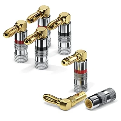 Bild av sonero® Banankontakt 90 vinklad uppsättning om 4, för alla högtalarkablar med en diameter upp till max. 6 mm², 4 stycken färgring runt (2 x röd, 2 svart), 24 k förgylld